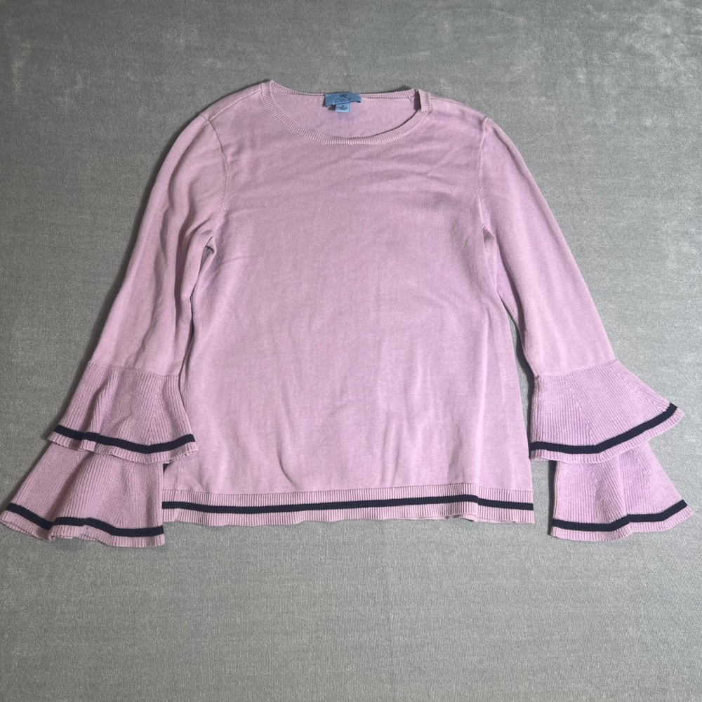 CeCe Pink Tiered Bell Sleeve Cotton Sweater Navy Stripe Trim Lavender Medium